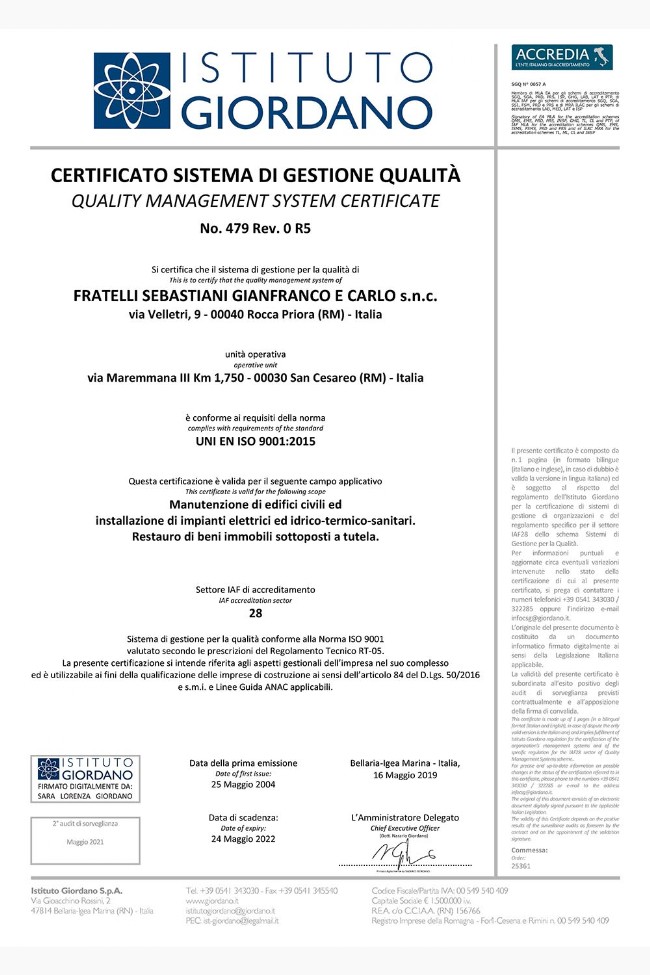 Certificato del sistema di gestione qualità ISO 9001 della Fratelli Sebastiani